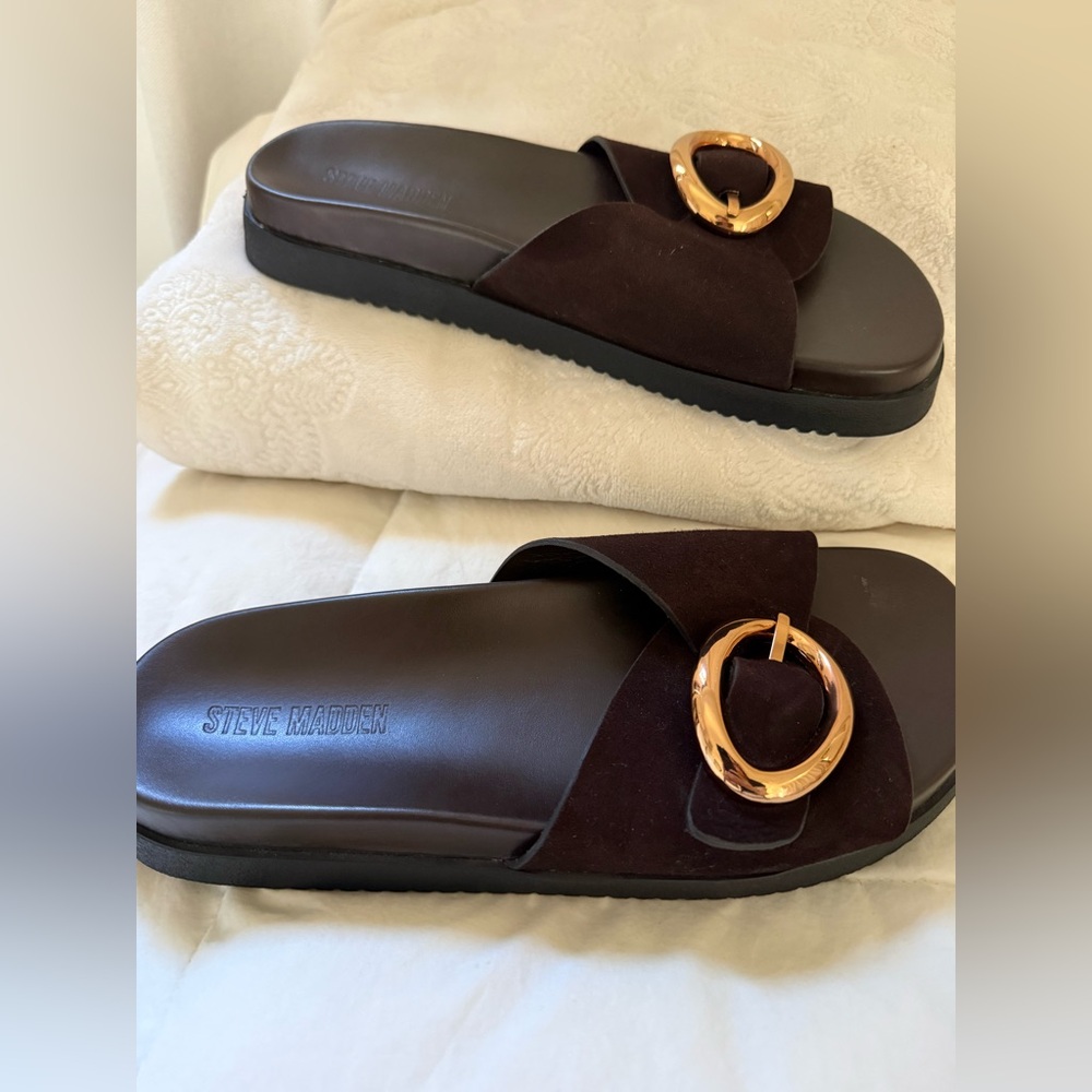 AUTHENTIC Steve Madden Dark Brown Sandals with Gold Buckle FIRM PRICE - Picture 2 of 7